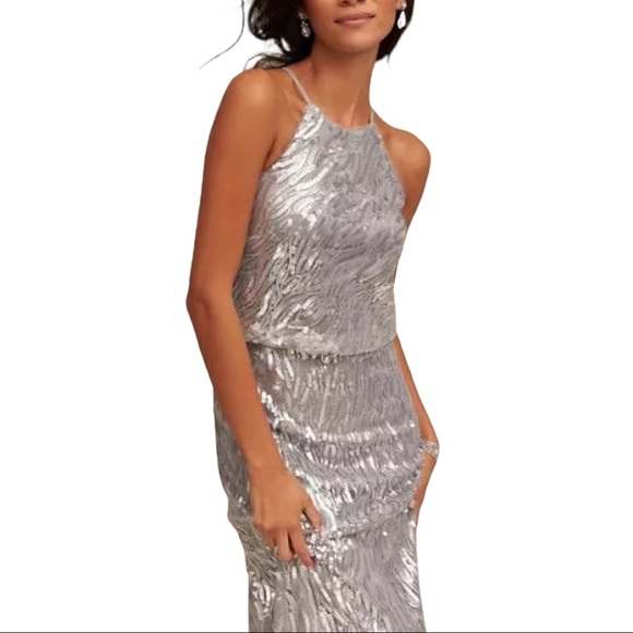 SALE New Donna Morgan x BHLDN Alana 2 Silver Sequin Maxi Gown - Picture 3 of 7